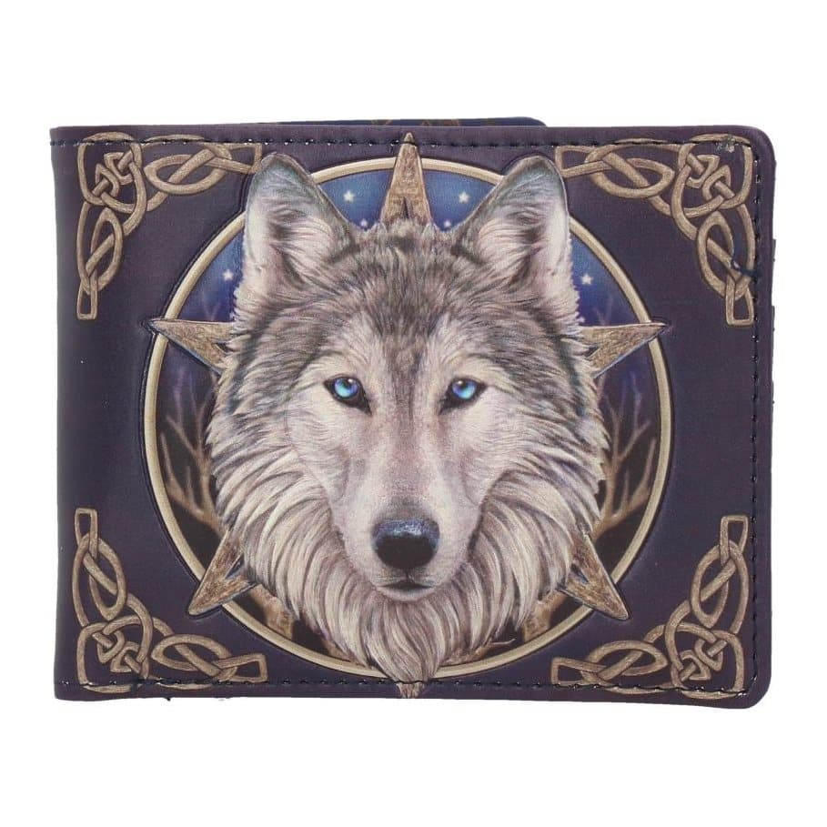 Wolf wallet with a wolf's head, pentagram and stars, black fading to blue