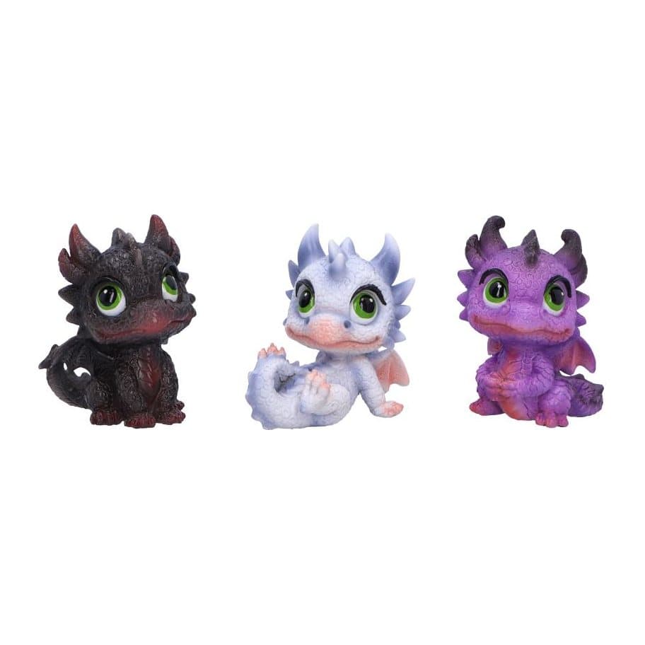 Three baby dragon figurines in black, light blue and purple with green eyes