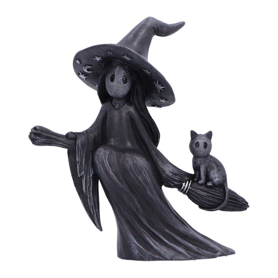 Resin witch figurine flying on a broomstick with a cat on her back