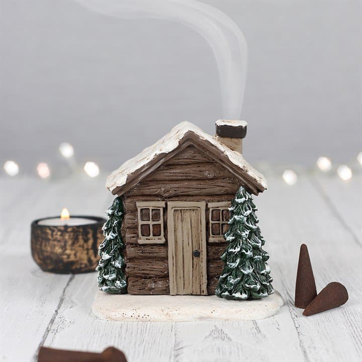 Log cabin incense cone burner with a chimney