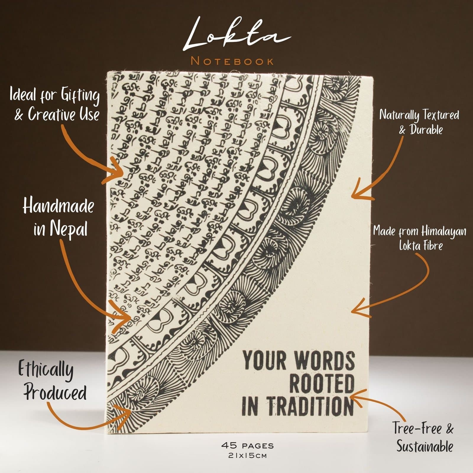 Large Lokta notebook with a black-and-white tribal-style cover
