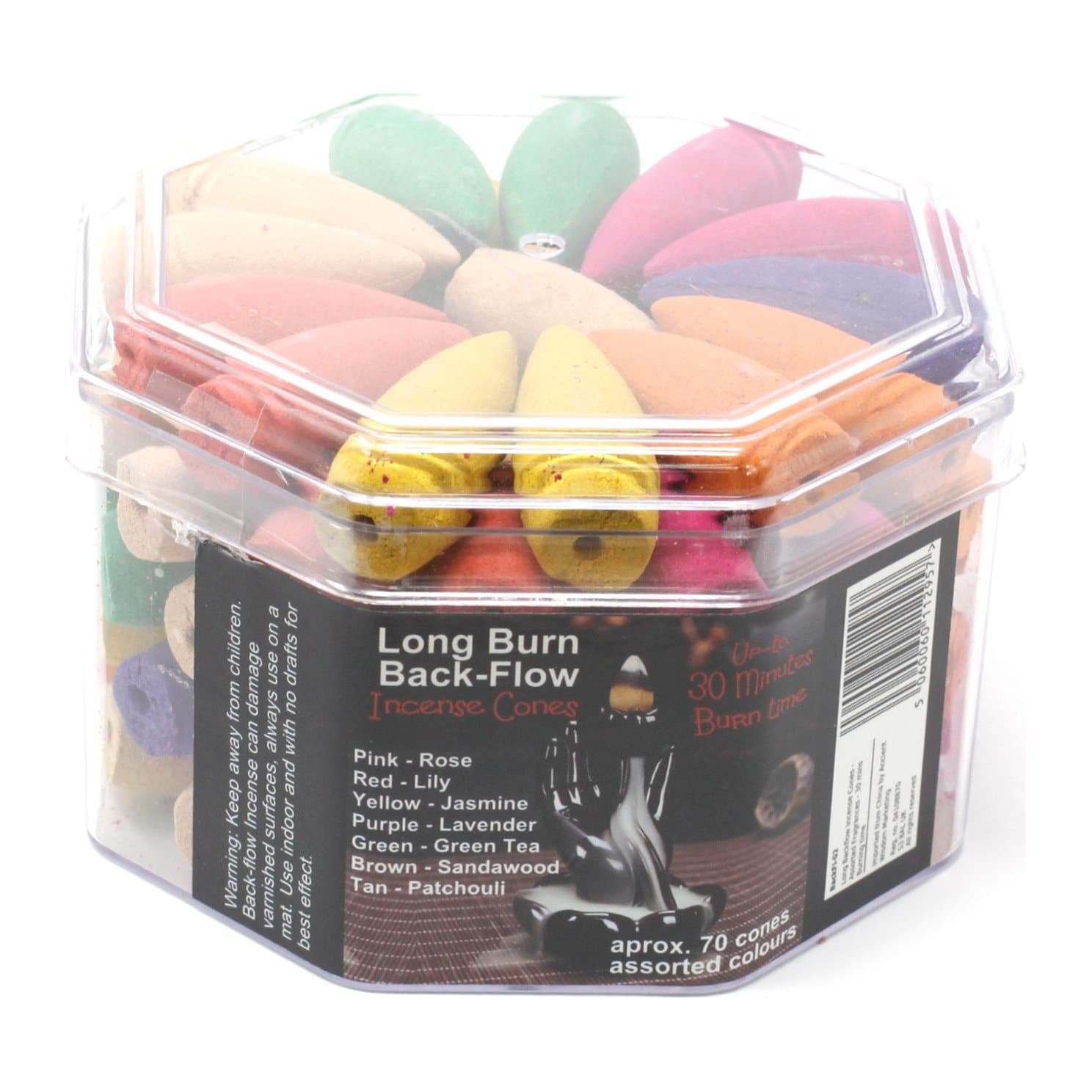 Long backflow incense cones in assorted fragrances