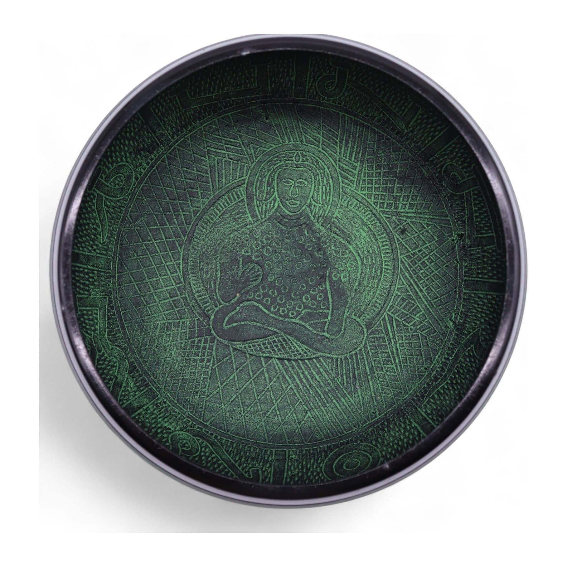 Moss green brass mushroom singing bowl with etched mushroom motifs