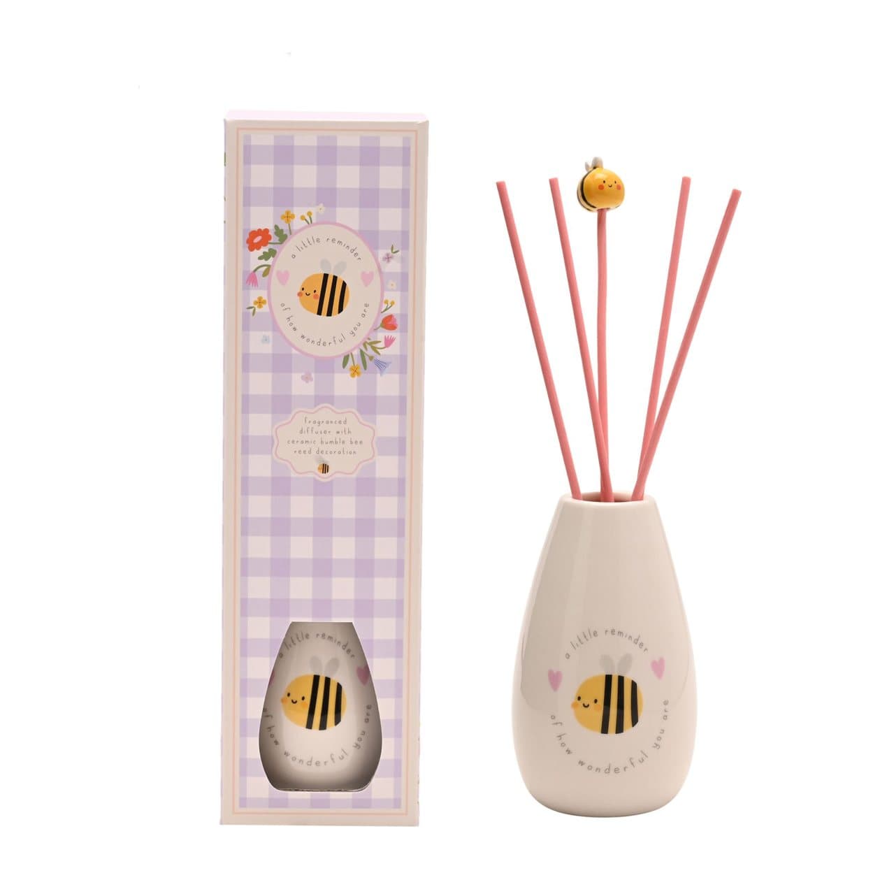Love Life A Little Reminder ceramic reed diffuser with reeds in a decorative vessel