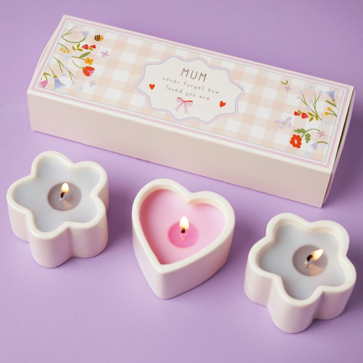 Love Life Mum set of three mini candles in heart and flower ceramic holders with box