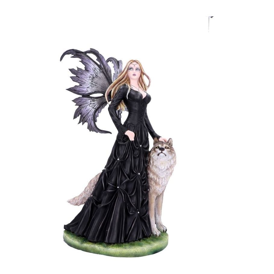 Blonde fairy in a jewelled ball gown with her hand on a grey wolf