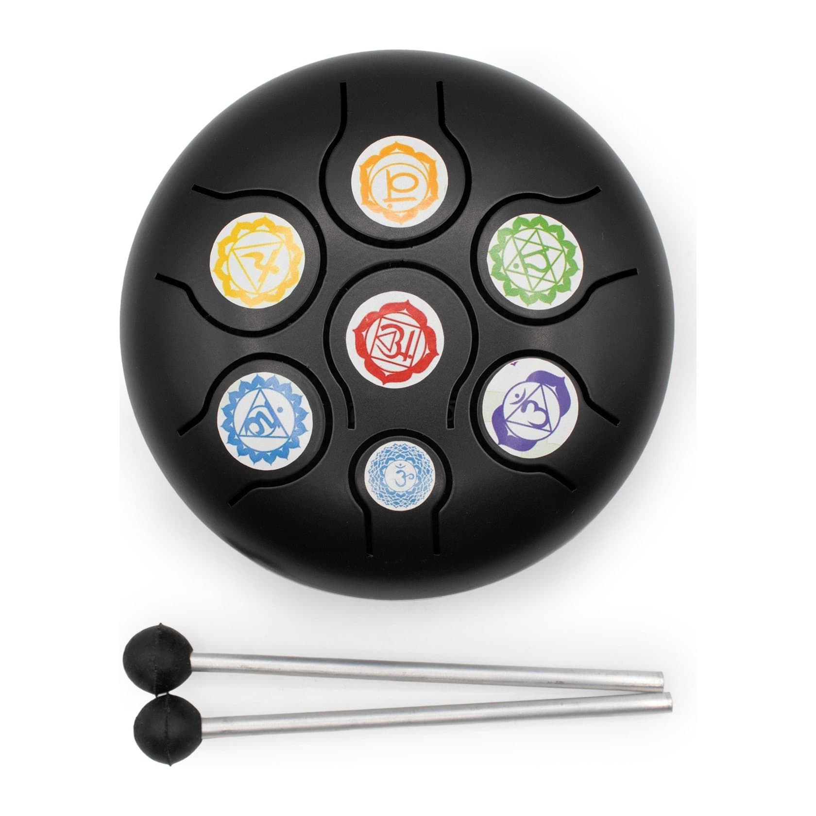 Black Happy Drum with coloured chakra symbols