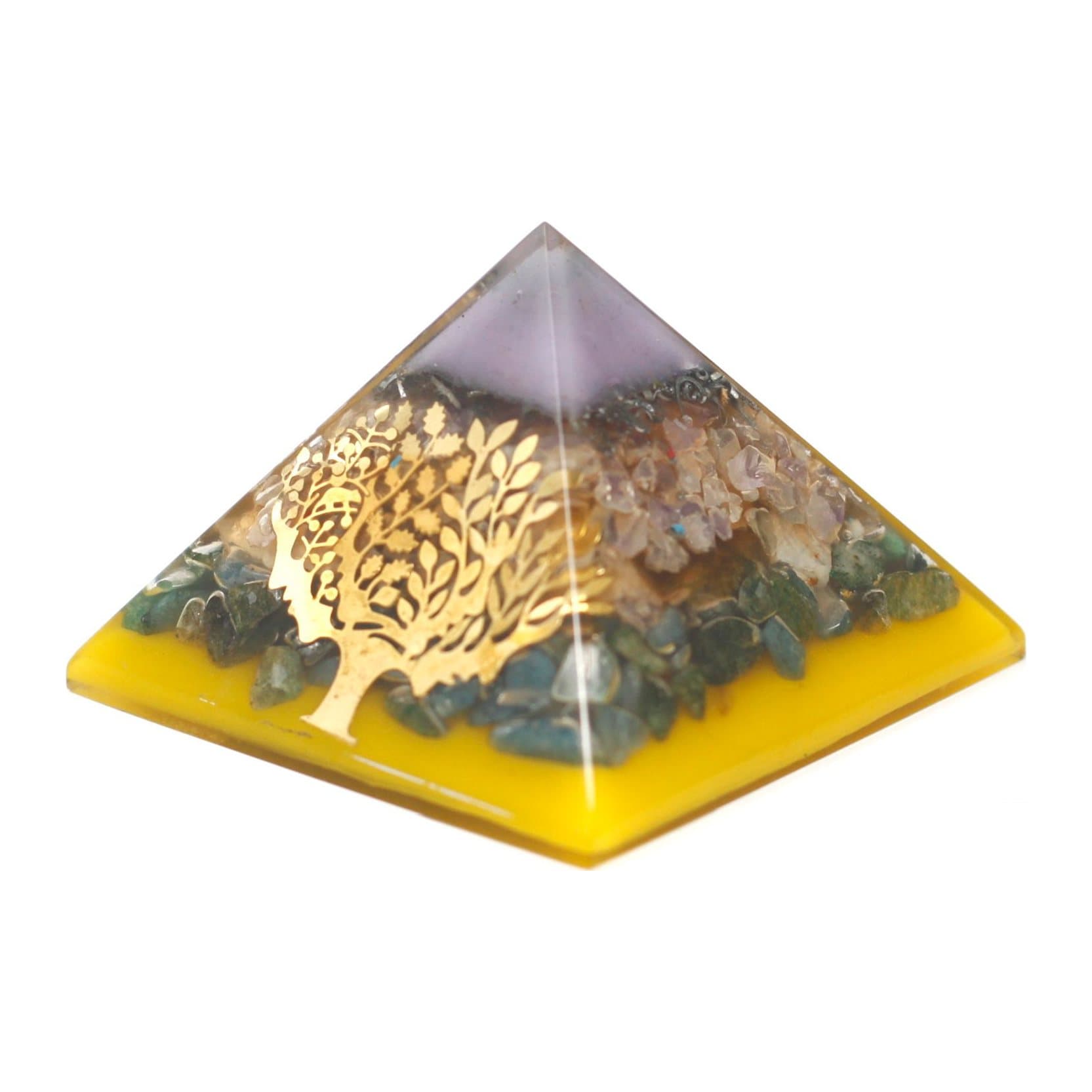 Large orgonite pyramid with a tree design on a gold base