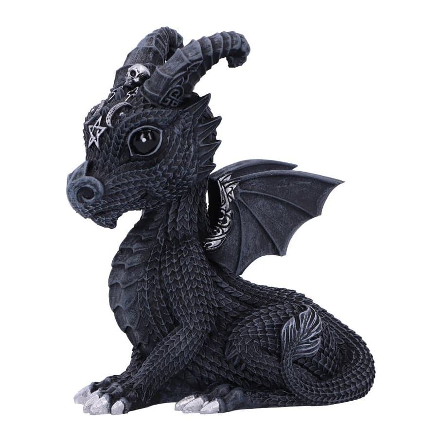 Hand-painted Lucifly dragon figurine with black eyes and silver detailing