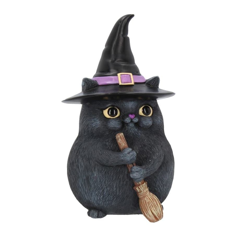 Black cat figurine holding a wooden broom and wearing a large witches' hat