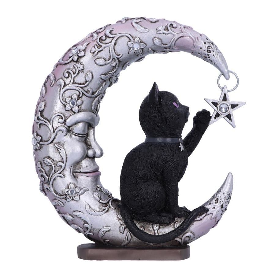 Resin figurine of a cat on a sleeping crescent moon reaching for a hanging star