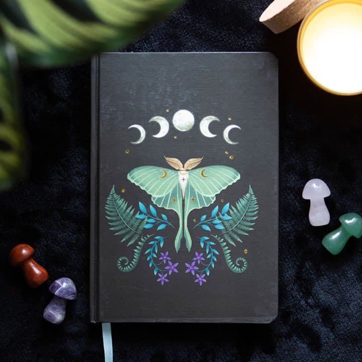Luna moth A5 notebook with a mystical luna moth design and gold foil page edges