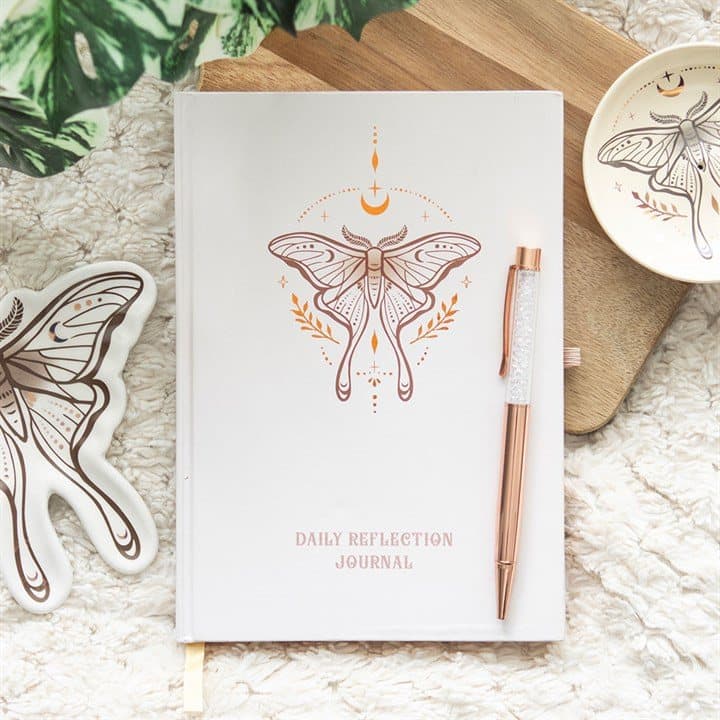 Luna moth daily reflection journal with a clear quartz crystal pen