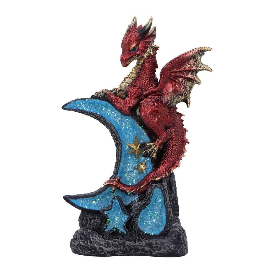Red and gold resin dragon on a crescent moon with golden stars