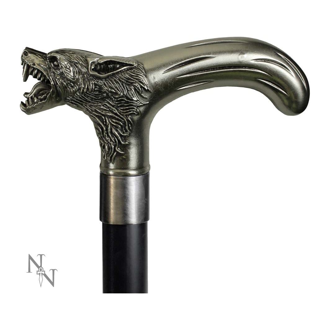 Black cane with a polished metal werewolf face handle