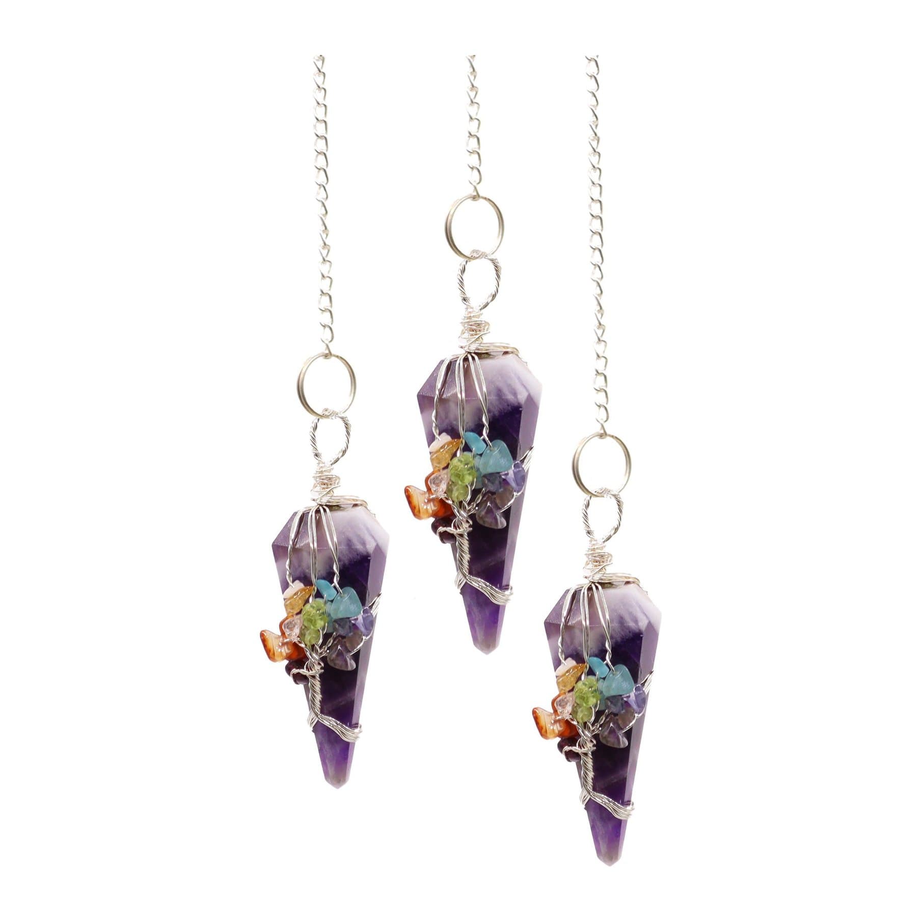 Amethyst seven chakra pendulum on a metal chain