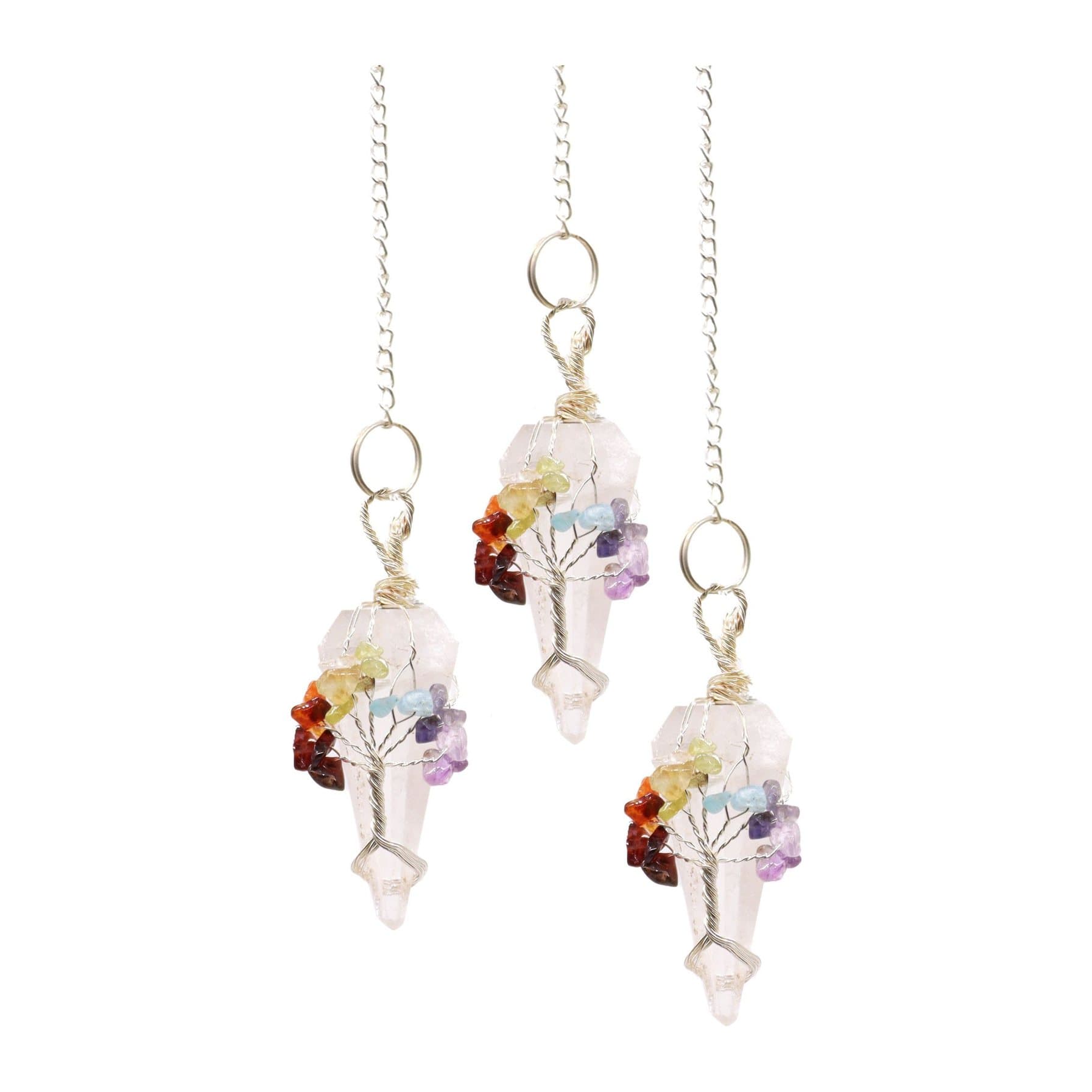 Rock quartz pendulum on a metal chain with chip stones