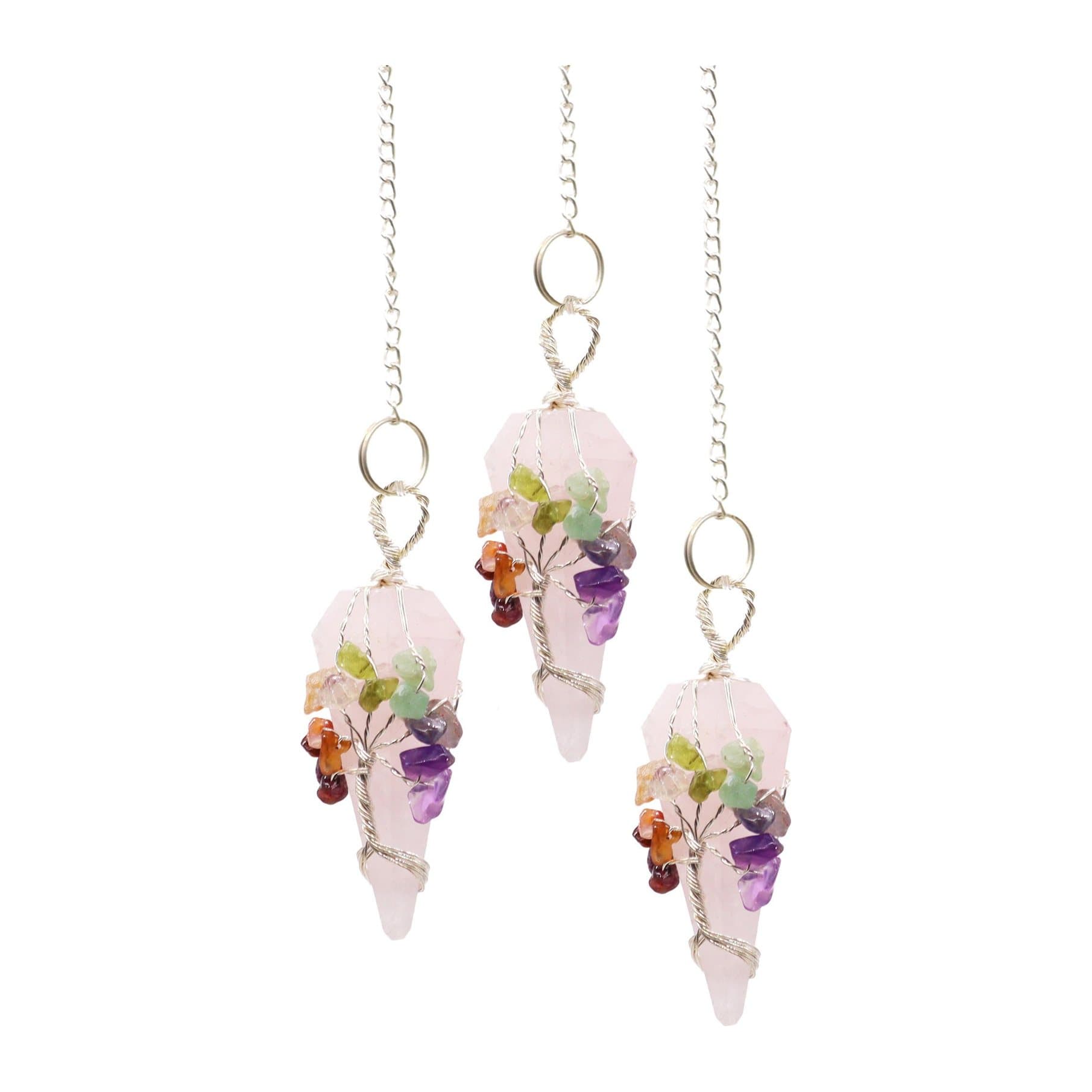 Rose quartz seven chakra pendulum on a metal chain