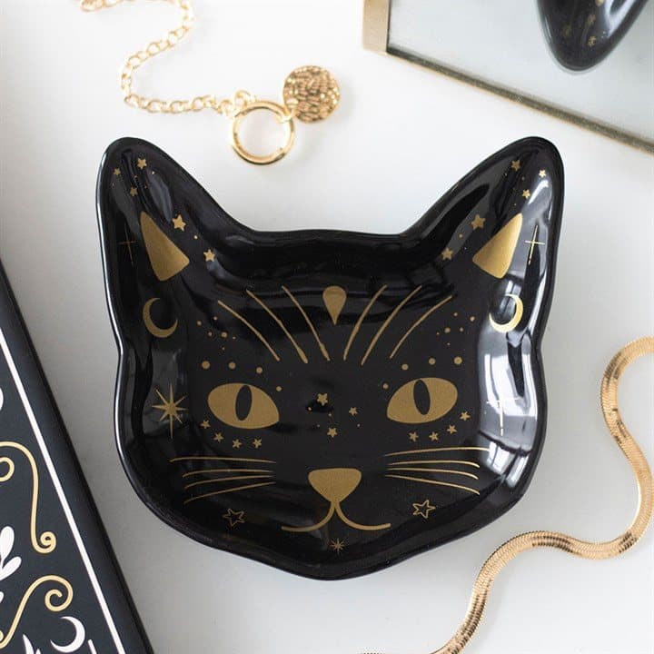 Ceramic trinket dish with a black cat face design