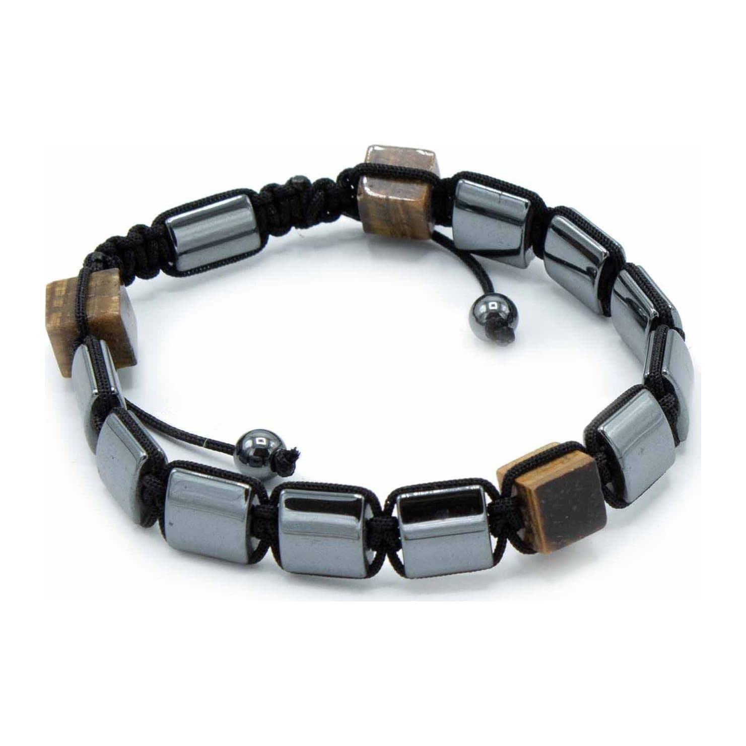Black magnetic hematite Shamballa bracelet with tiger eye cuboids
