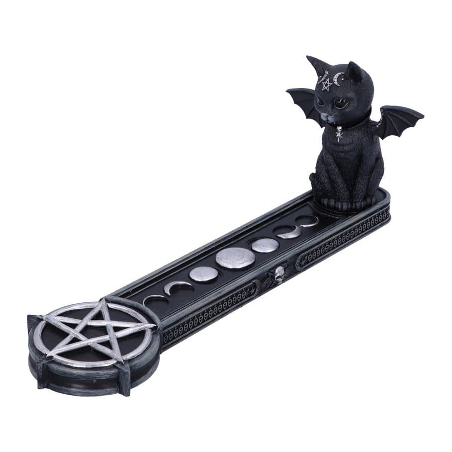 Gothic resin incense burner with a bat-winged cat and pentagram