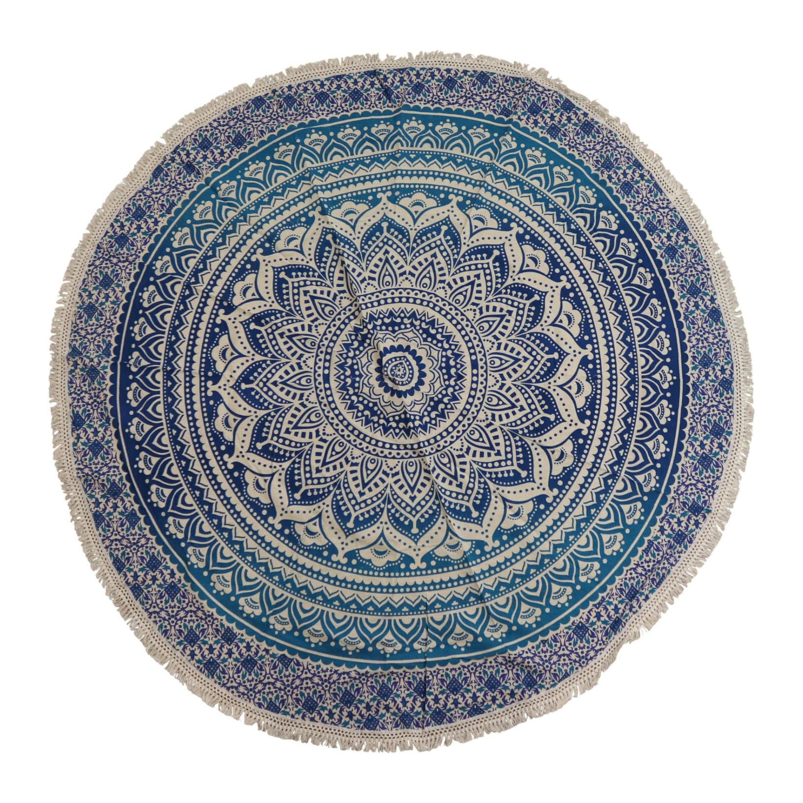 Round blue cotton mandala cloth with white layered detailing