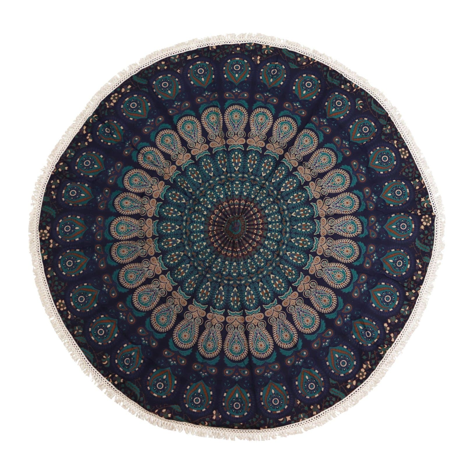 Round cotton mandala in deep blues, teals and gold with a fringed edge
