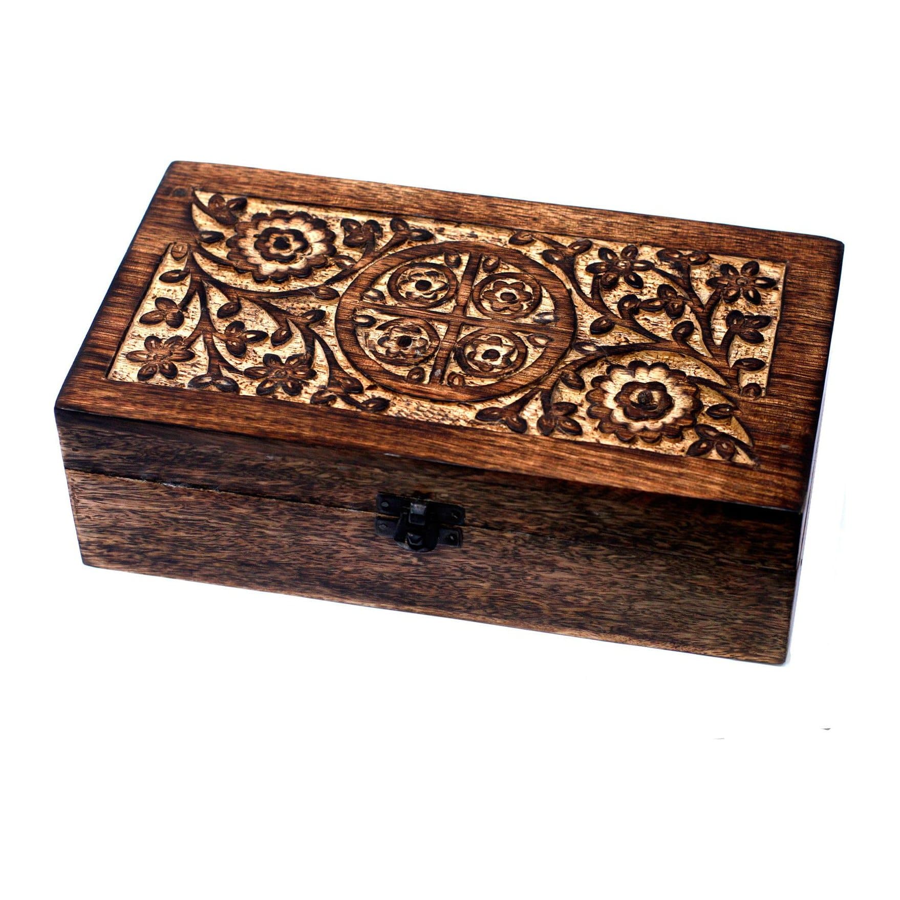 Hand carved floral mango wood box for 10 ml oil bottles