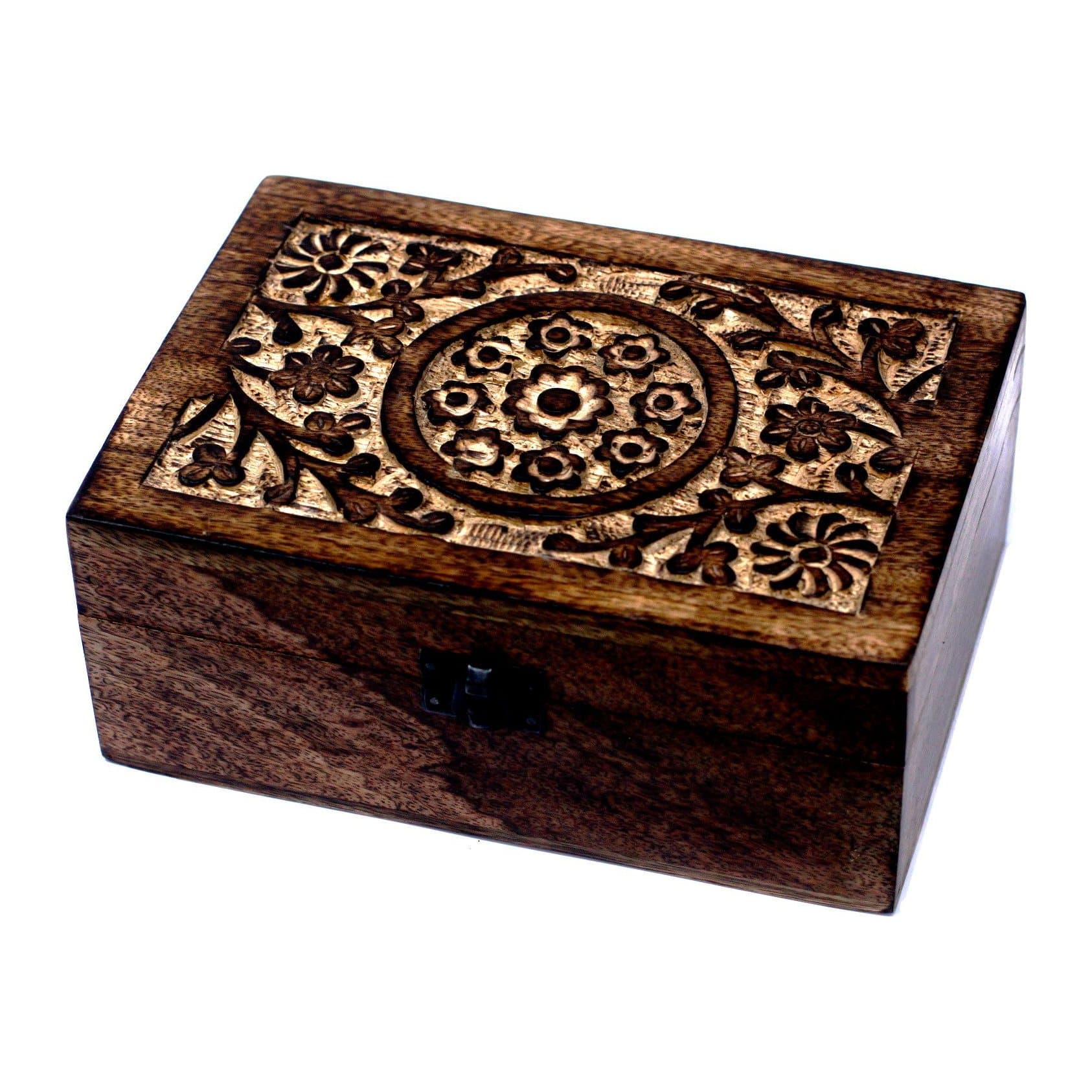 Mango wood aromatherapy box with hand carved floral designs