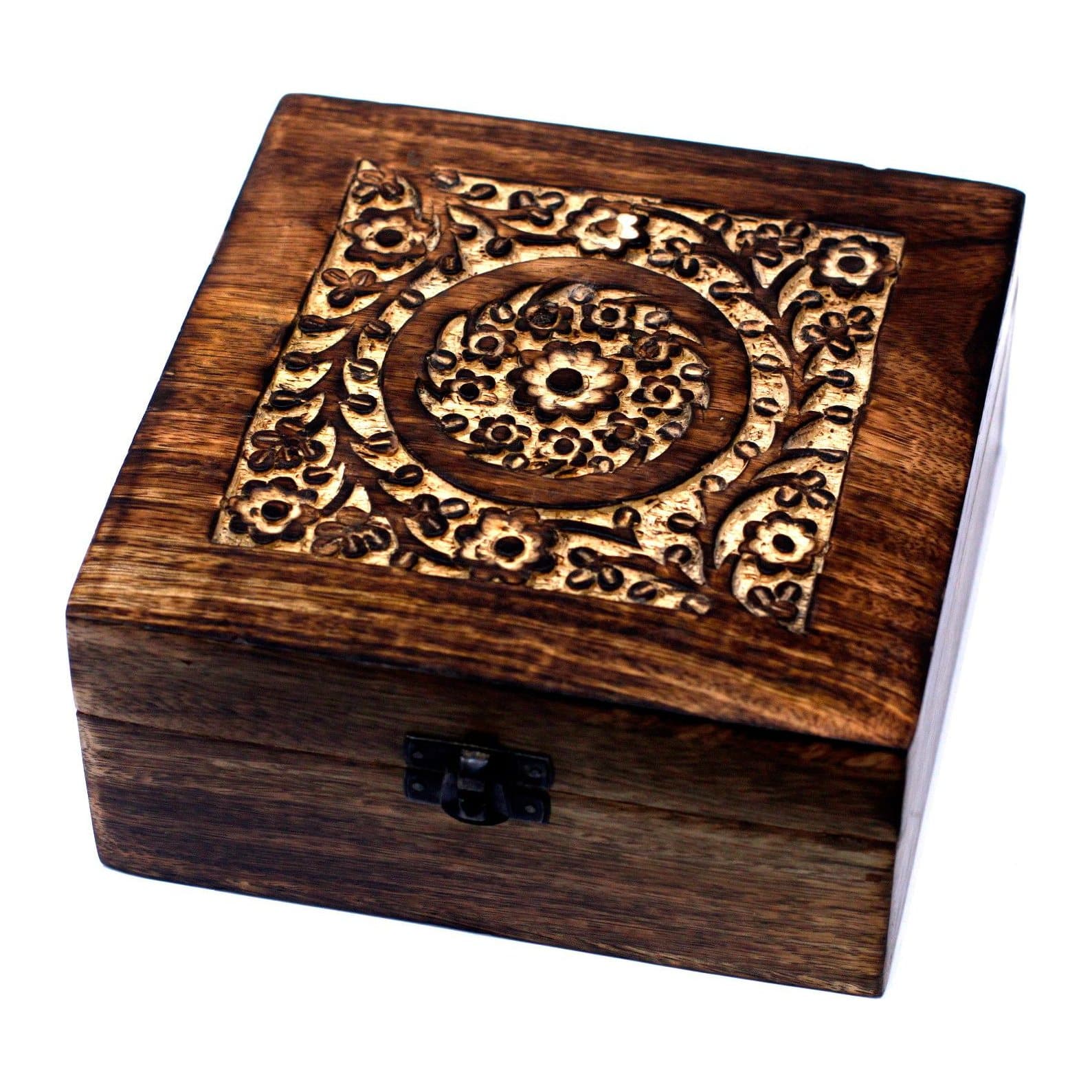 Mango wood box with a hand-carved floral design for 10 ml oil bottles