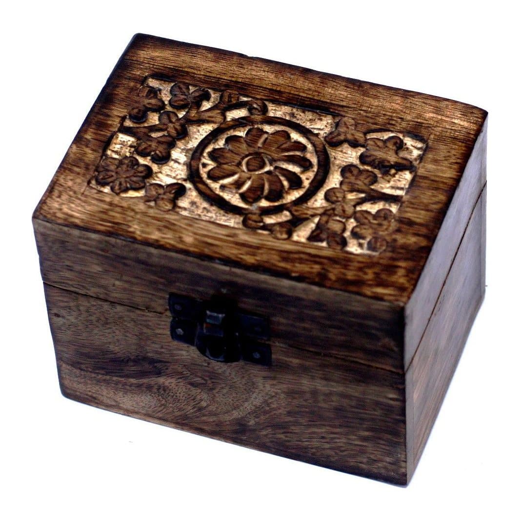 Mango wood box with a hand carved floral design