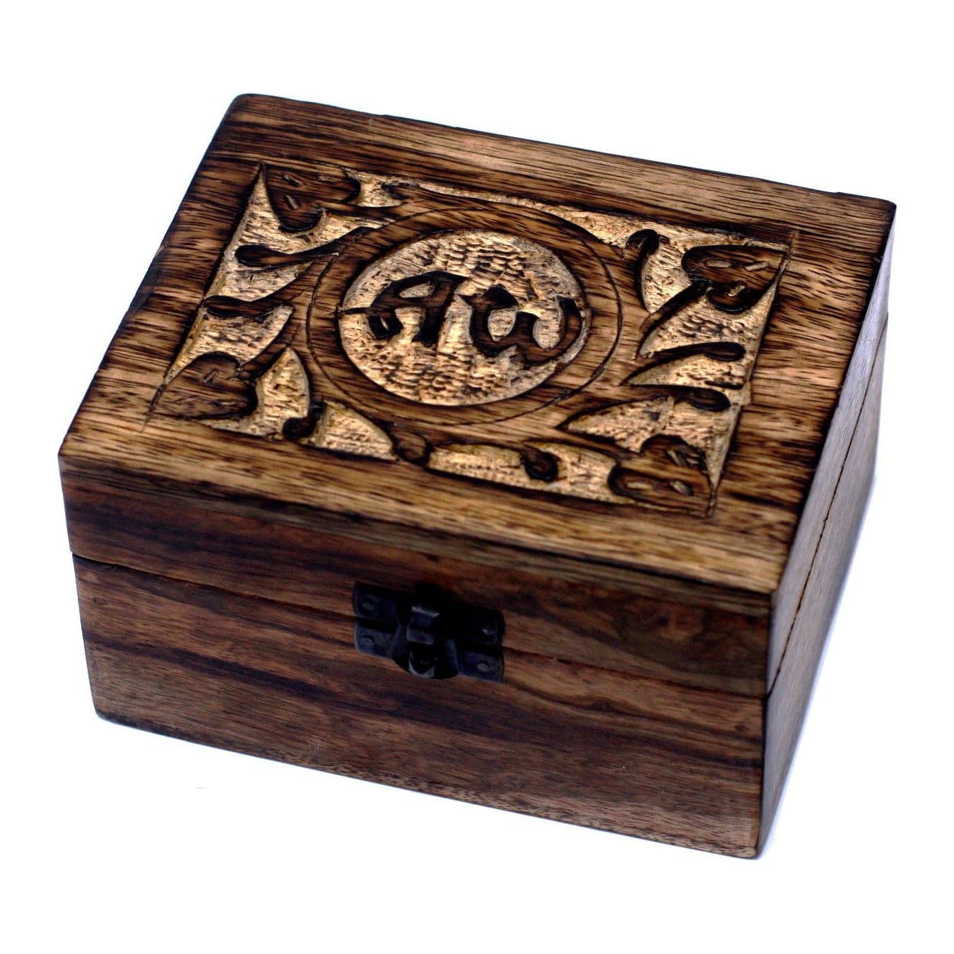 Hand-carved floral mango wood box for twelve small oil bottles