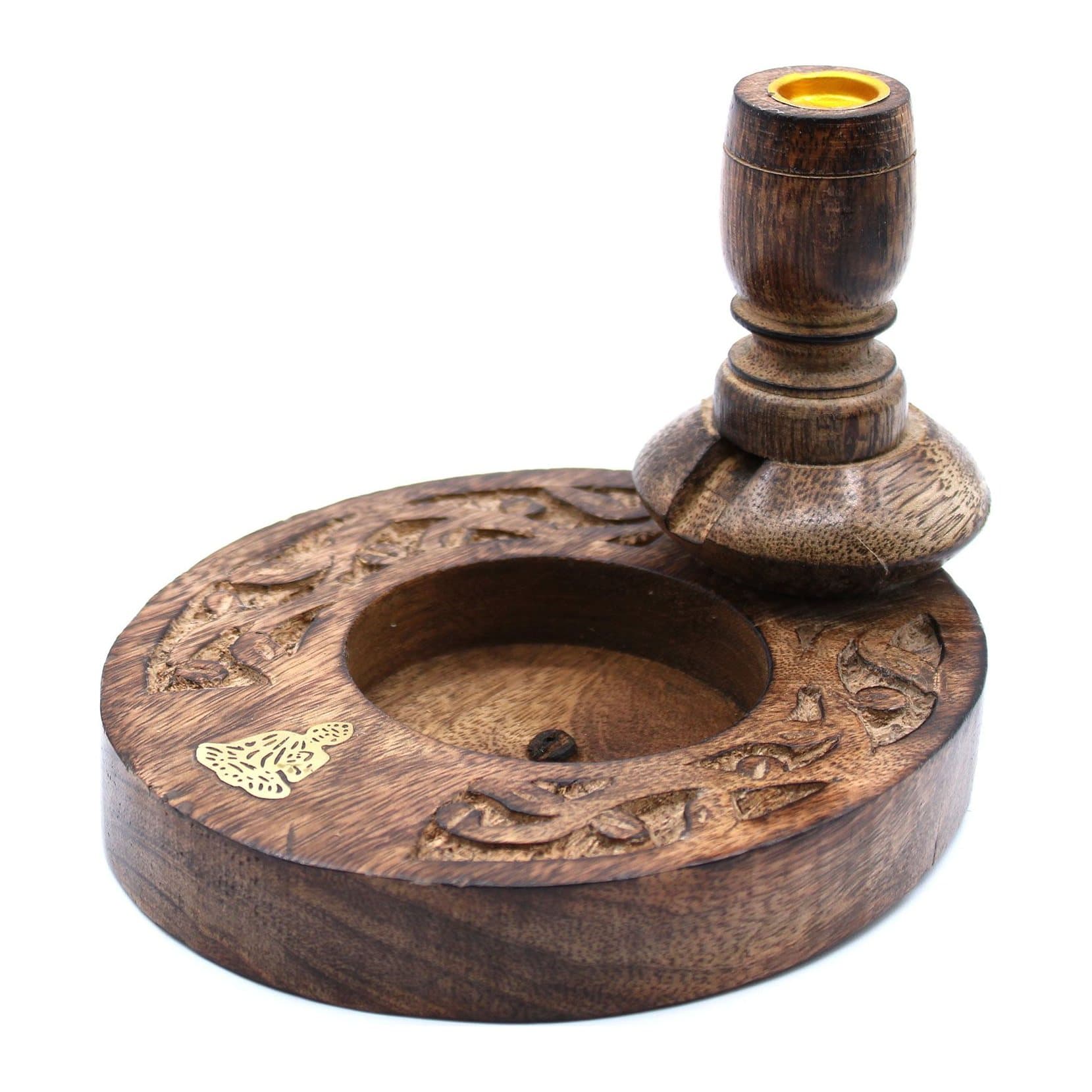 Mango wood backflow incense burner with a brass Buddha