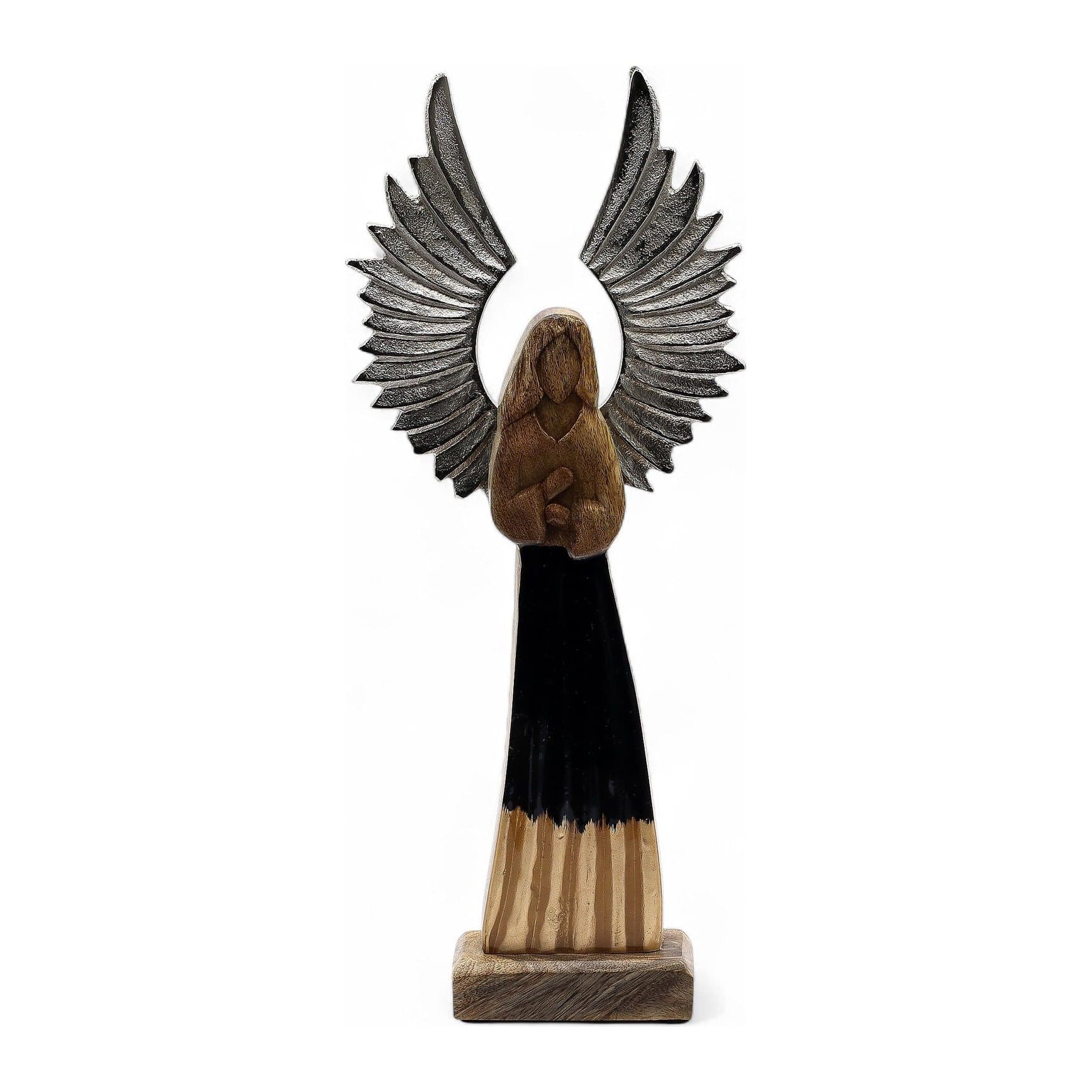 Mango wood guardian angel with silver metal wings and black enamel robe