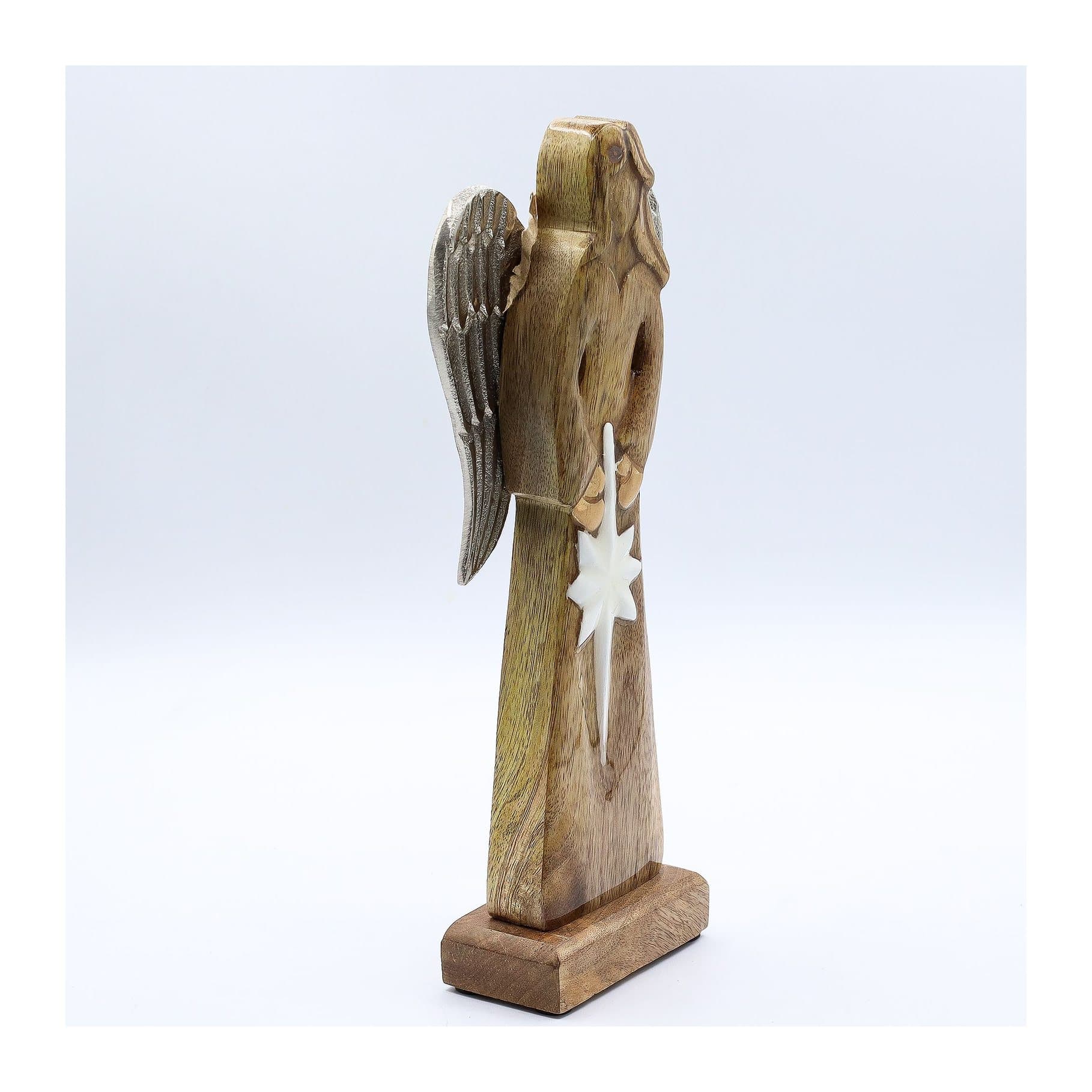 Hand-carved mango wood angel with silver-toned metal wings and a white enamel star