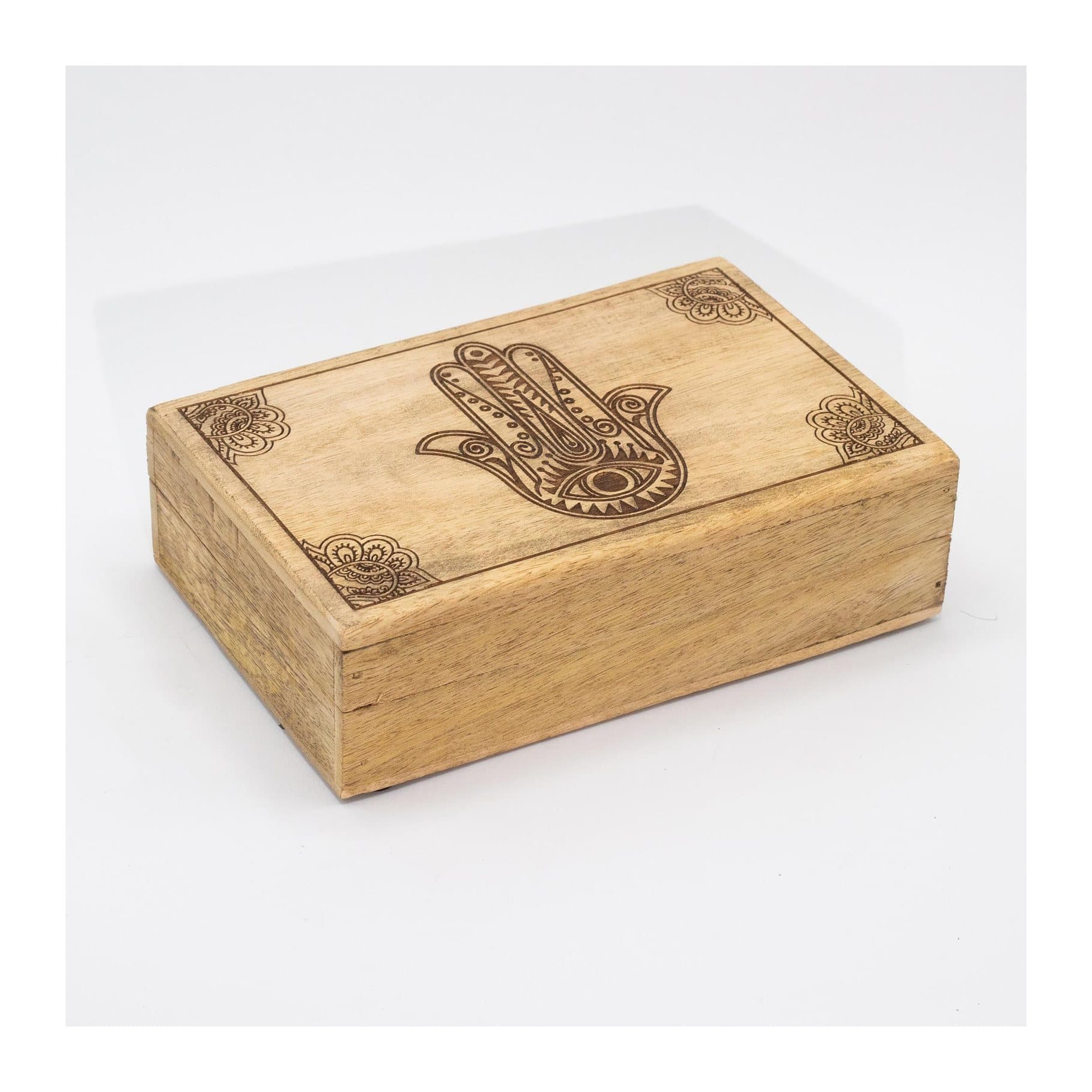 Big mango wood rectangle box with a black engraved hamsa
