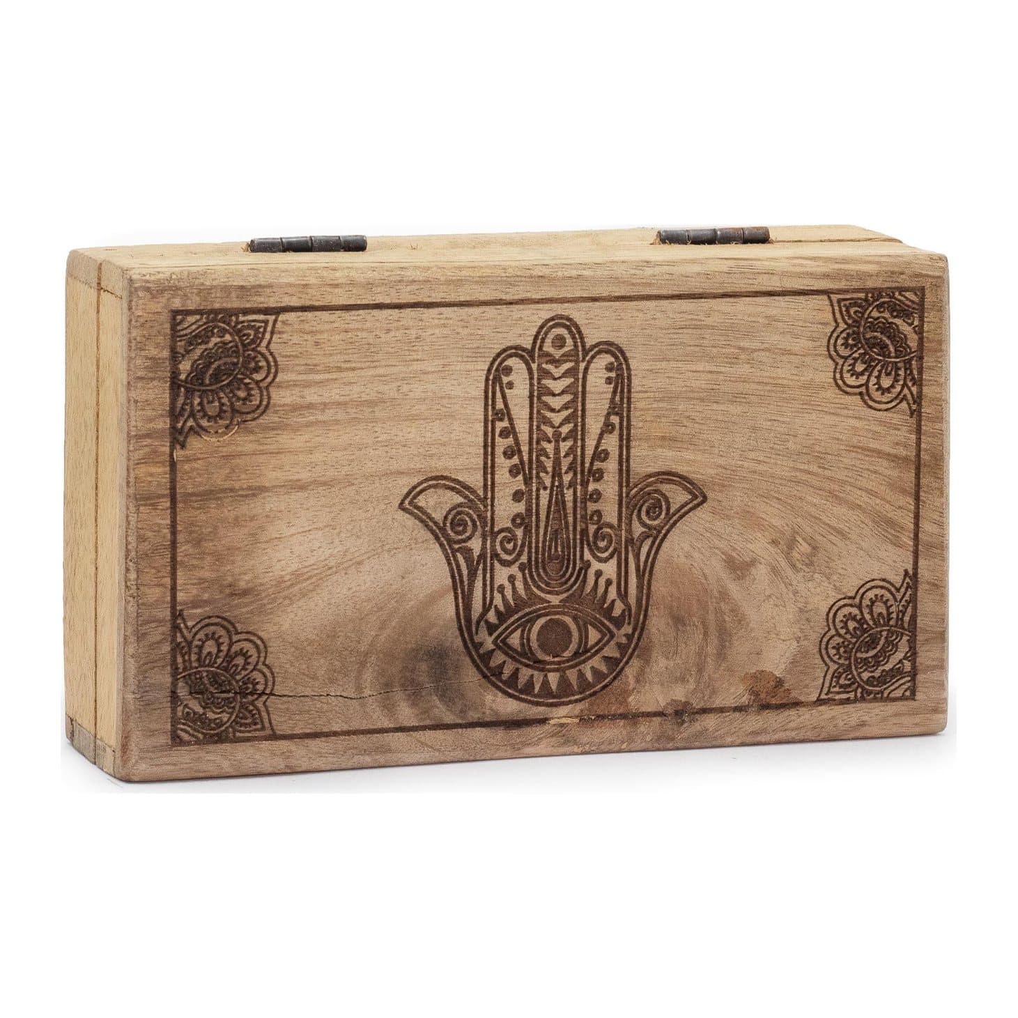 Mango wood box with a black engraved hamsa design