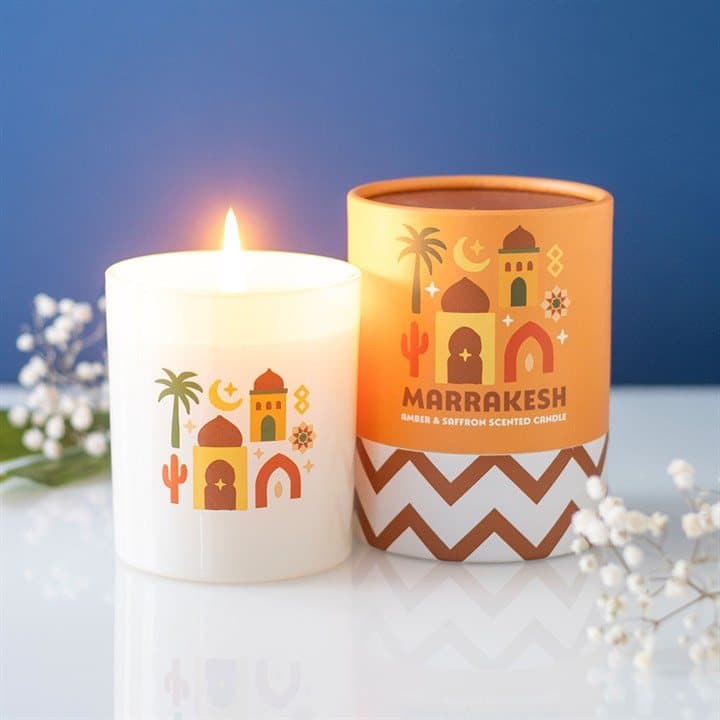 Marrakesh amber and saffron scented paraffin wax candle