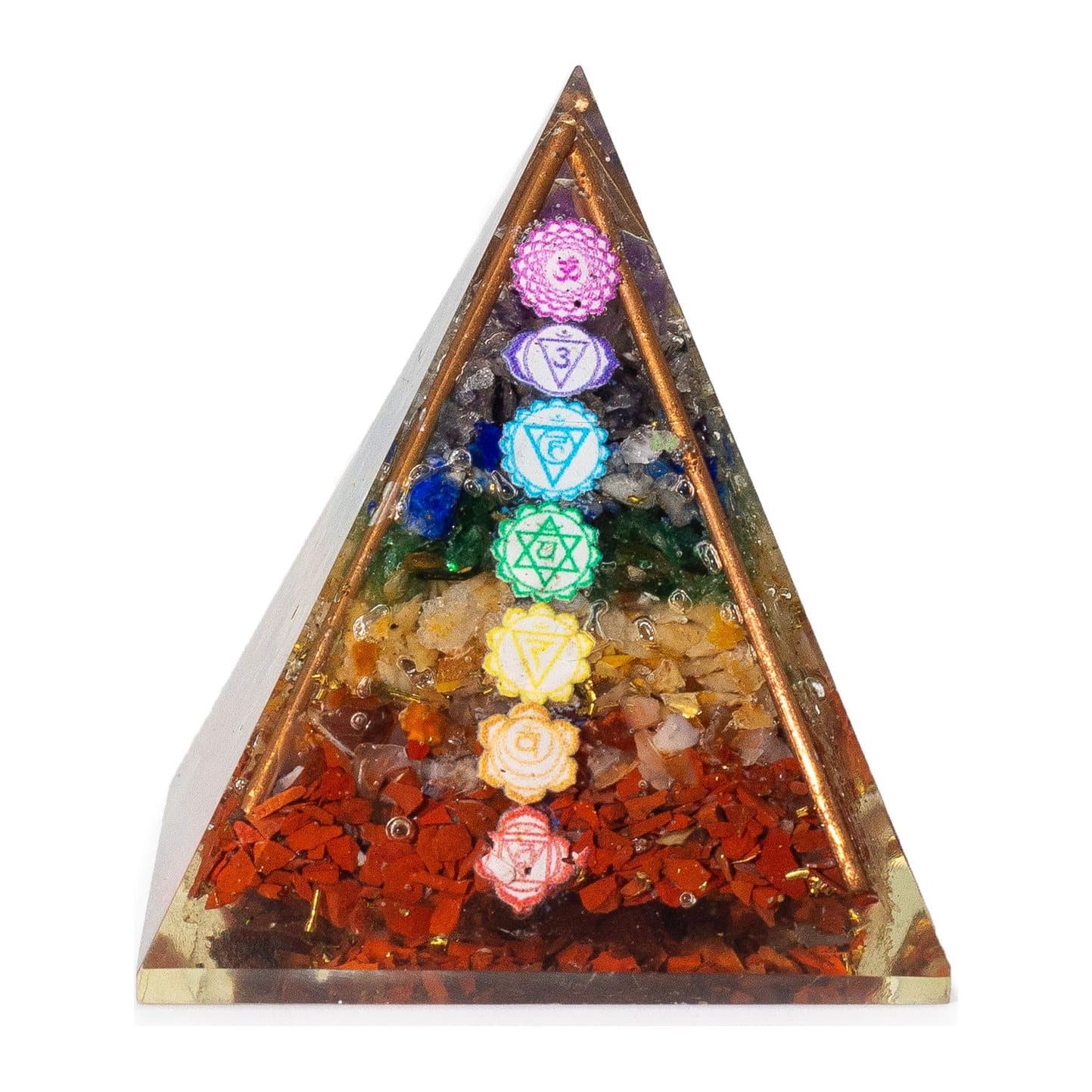 Medium orgonite pyramid with copper bars and chakra stone chips