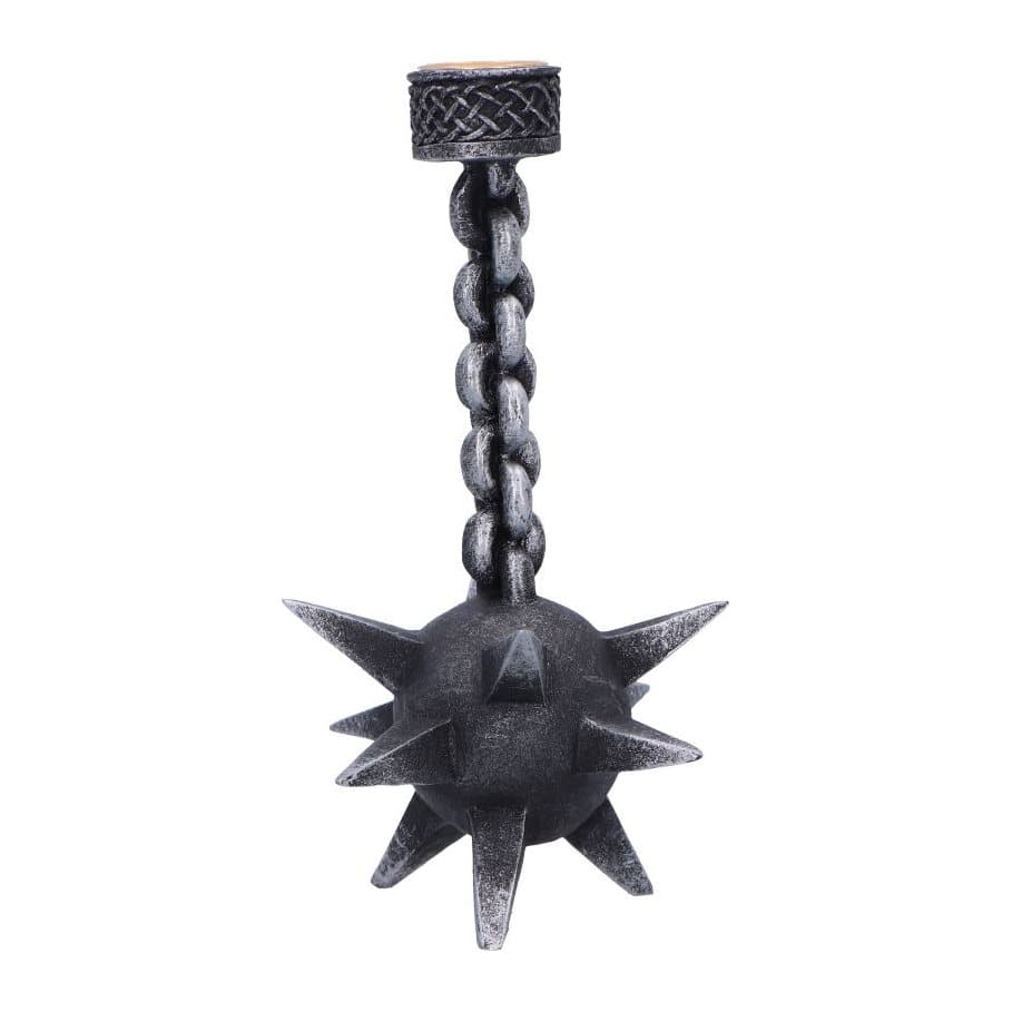 Matte black resin candle holder shaped like a chained, spiked war hammer