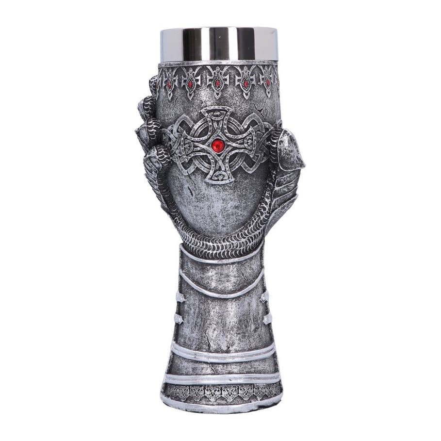 Hand-painted goblet with a chain gauntlet stem and garnets around the rim
