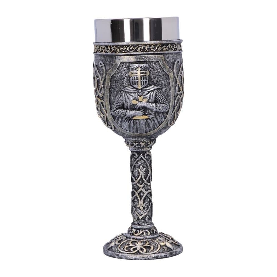 Steel-look goblet with a sculpted armoured knight and gold detailing