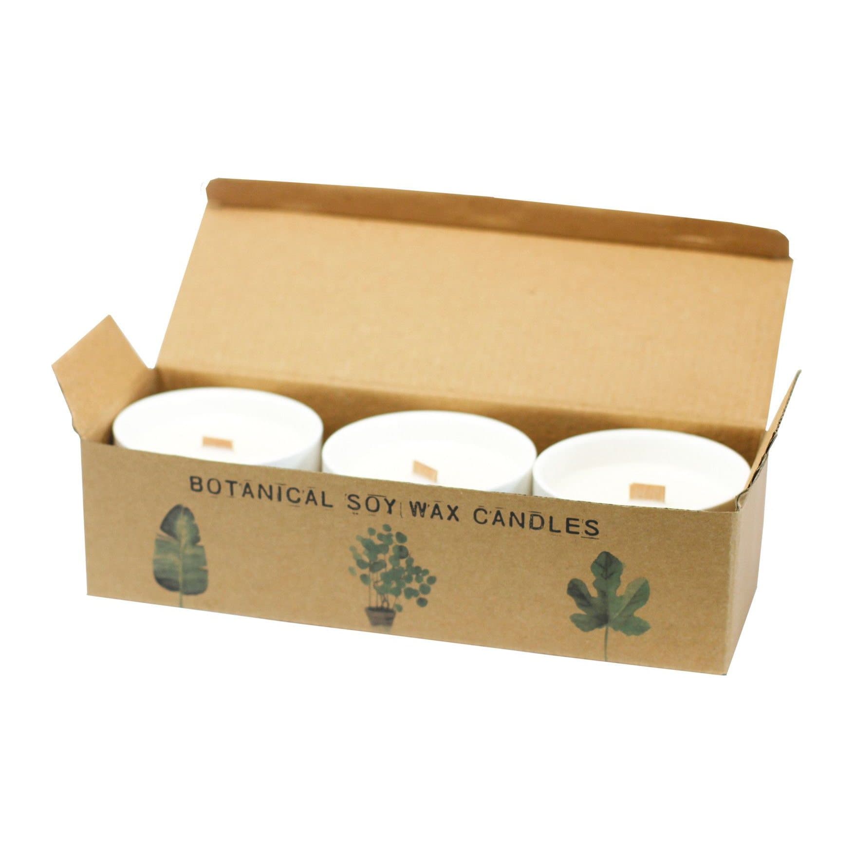 Scented soy wax candle in a round ceramic jar with a wooden wick