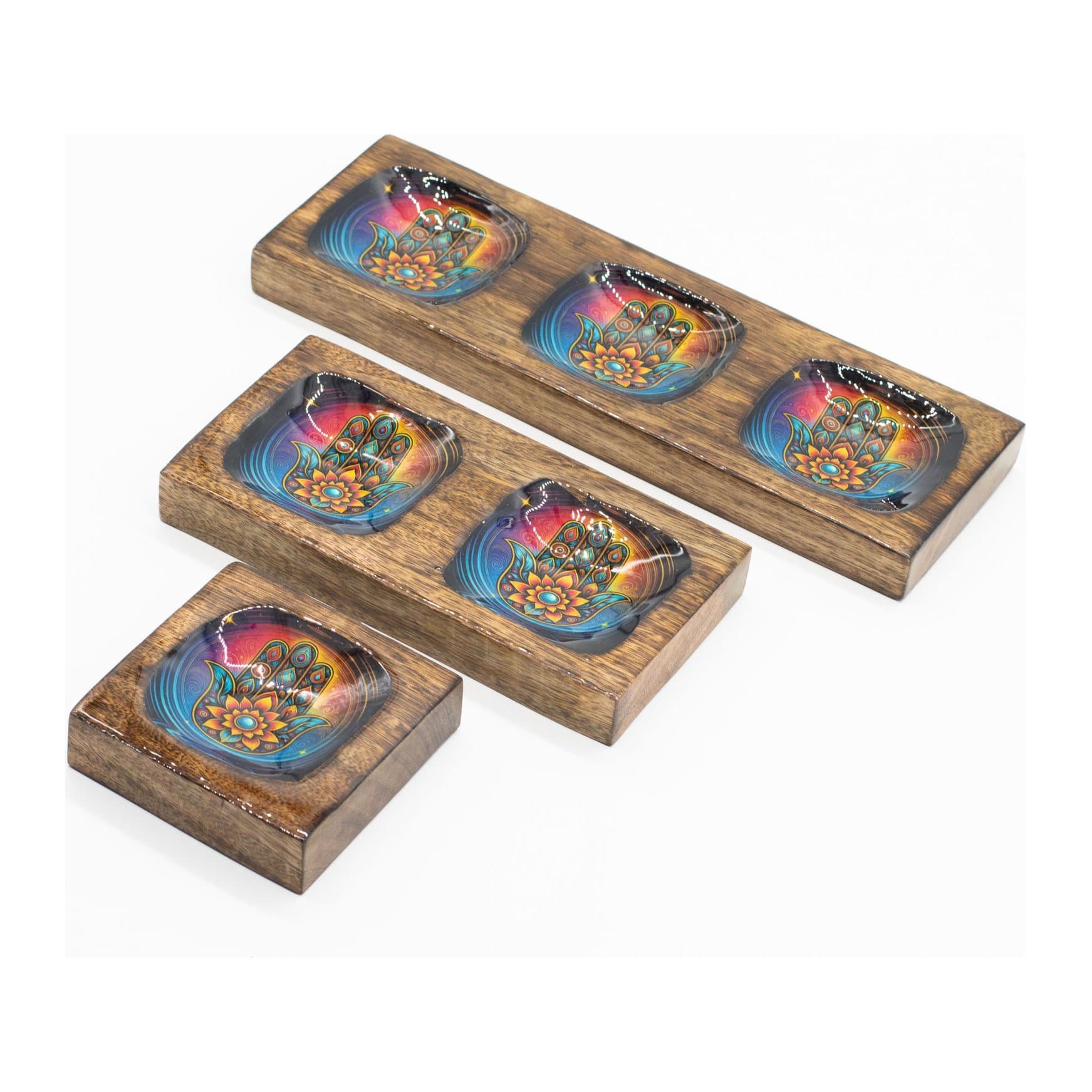 Set of mango wood trays with colourful enamelled Hamsa hands