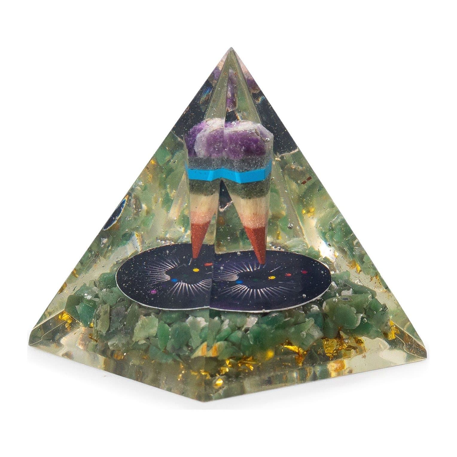 Orgonite pyramid with a pendulum above green aventurine chips and golden accents