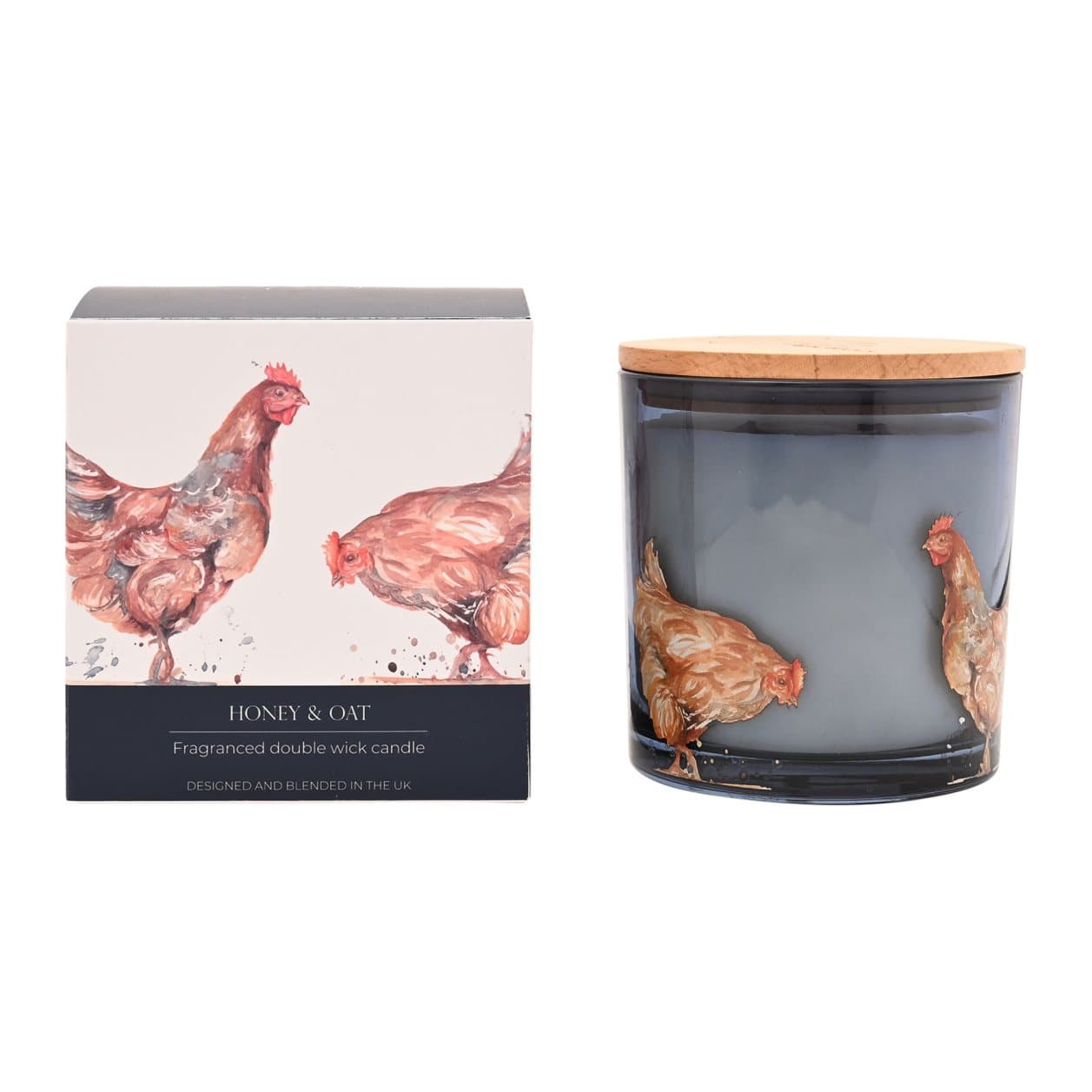 Clear glass candle jar with watercolour chickens and a wooden lid