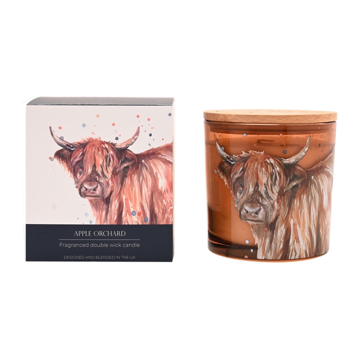 Clear glass candle jar with a watercolour Highland cow and a natural wooden lid