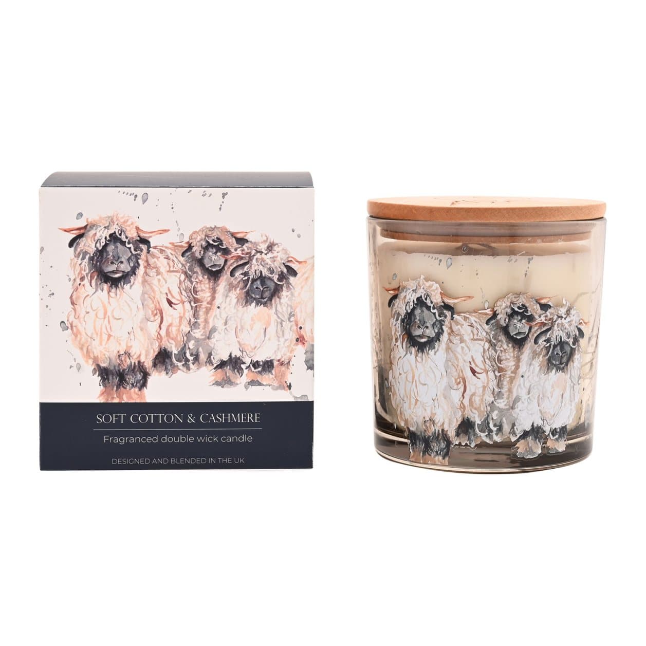 Glass candle jar with three watercolour sheep and a rustic wooden lid
