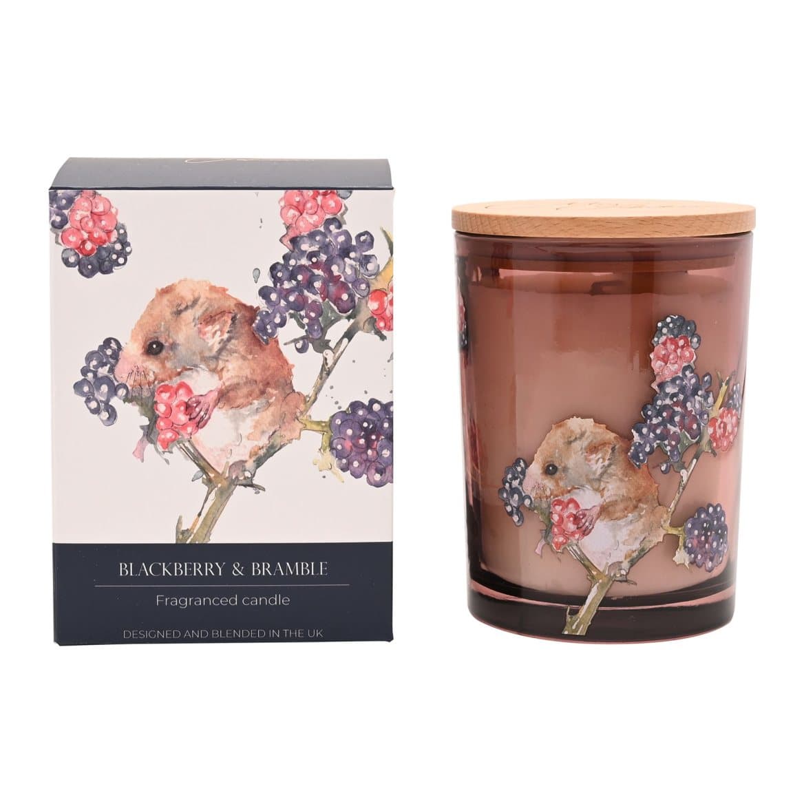 Glass candle vessel with a watercolour field mouse among berries