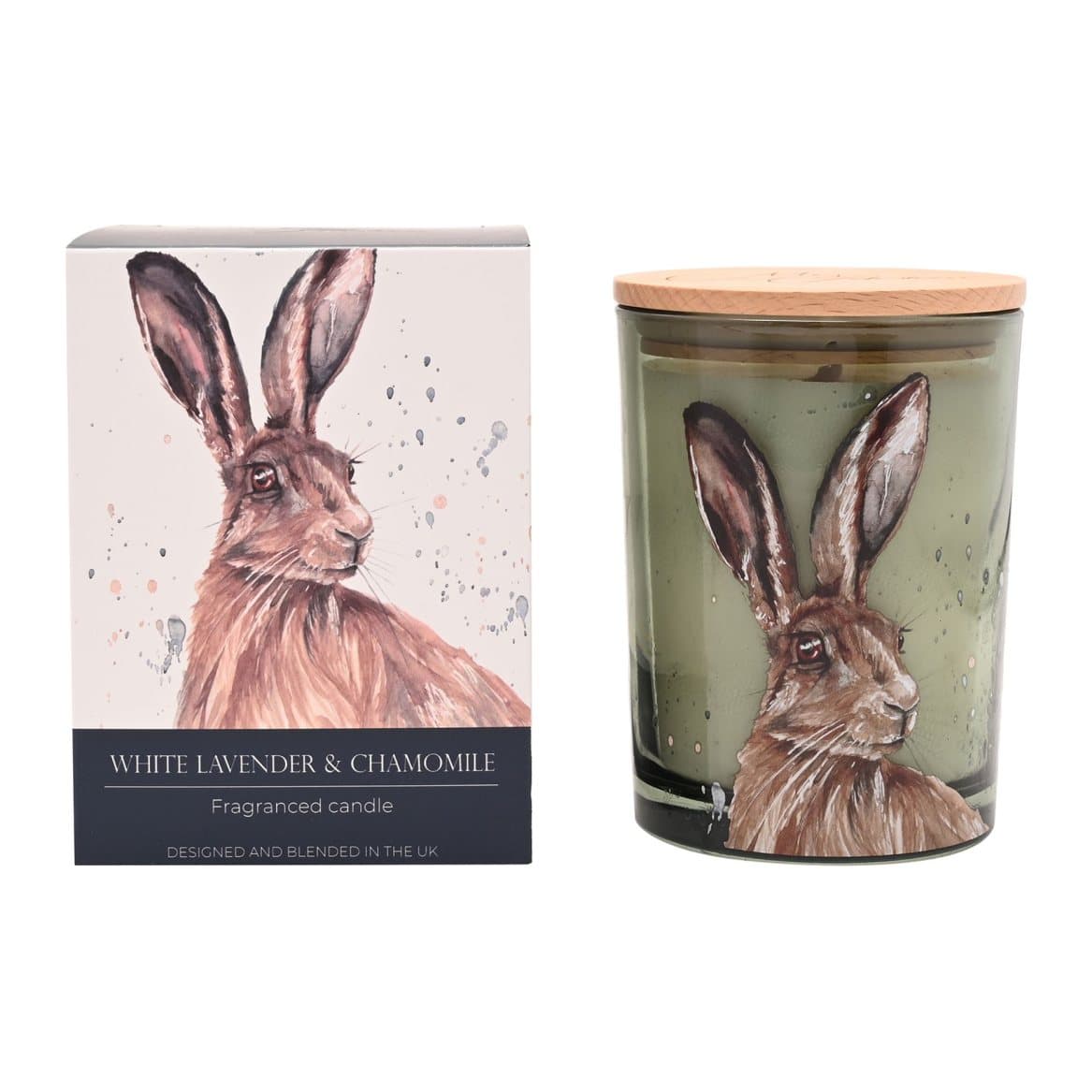 Glass candle vessel with a watercolour hare design
